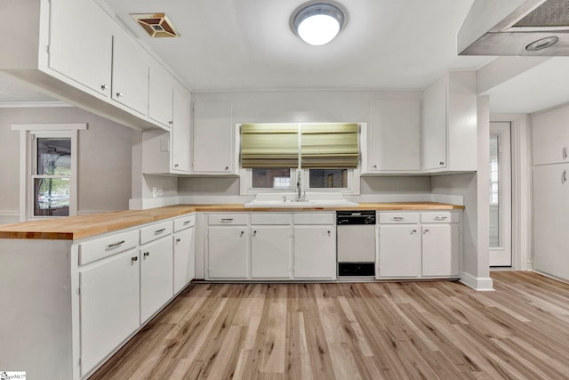 kitchen with sink, white cabinetry, light wood-type flooring, dishwasher, and kitchen peninsula