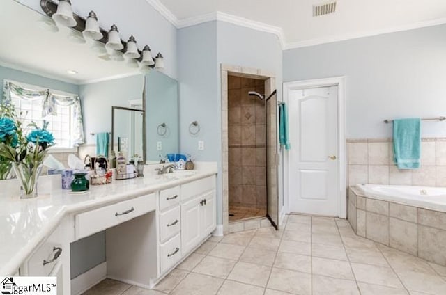 bathroom with independent shower and bath, ornamental molding, vanity, and tile patterned floors