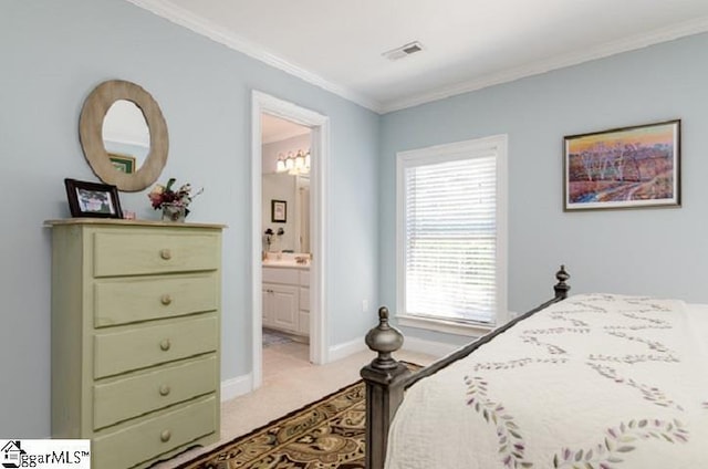 carpeted bedroom with connected bathroom and ornamental molding