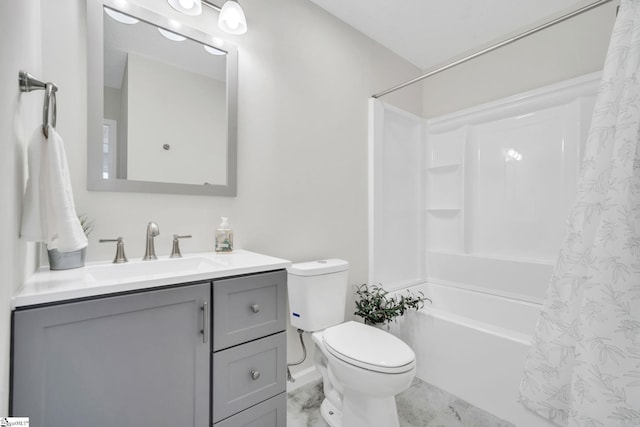 full bathroom featuring vanity, shower / tub combo with curtain, and toilet