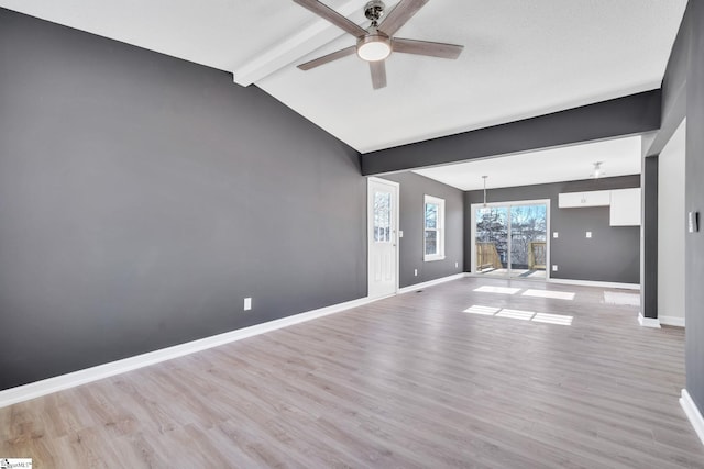 unfurnished living room featuring lofted ceiling with beams, ceiling fan, and light hardwood / wood-style floors