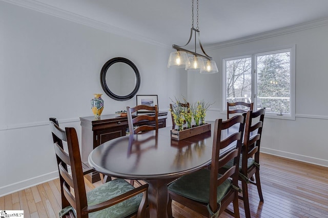 dining room with crown molding and light hardwood / wood-style flooring