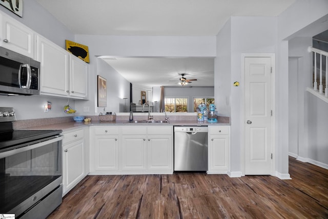 kitchen featuring stainless steel appliances, sink, white cabinets, and dark hardwood / wood-style flooring