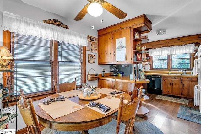 dining room featuring dark hardwood / wood-style flooring, sink, and ceiling fan