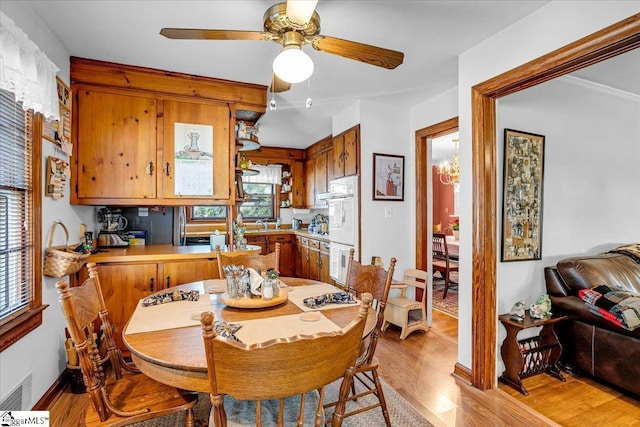 dining space featuring ceiling fan with notable chandelier and light hardwood / wood-style flooring