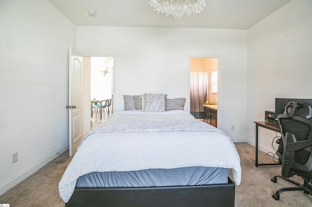 bedroom with multiple windows, light carpet, and a notable chandelier