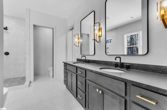 bathroom with vanity, a tile shower, and toilet