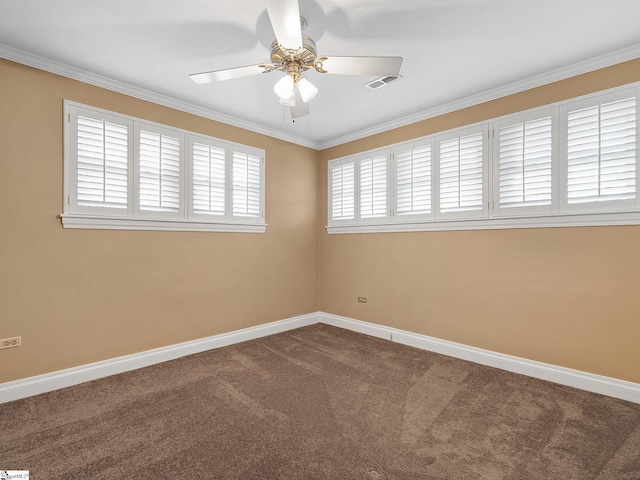 carpeted spare room with ornamental molding and ceiling fan