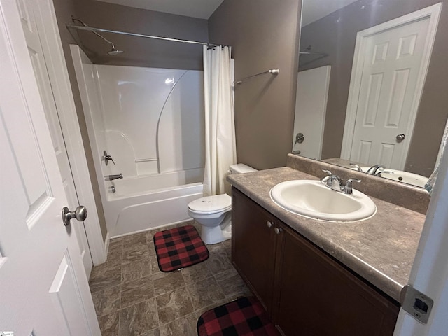 full bathroom featuring vanity, shower / bathtub combination with curtain, and toilet