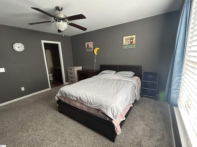 bedroom with ceiling fan and carpet floors