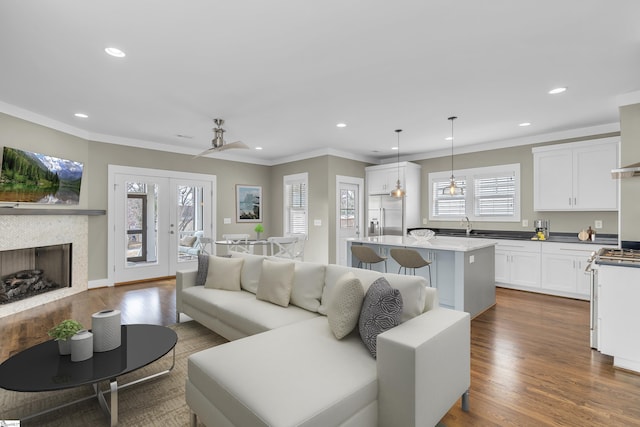 living room featuring a tiled fireplace, ornamental molding, and dark hardwood / wood-style floors