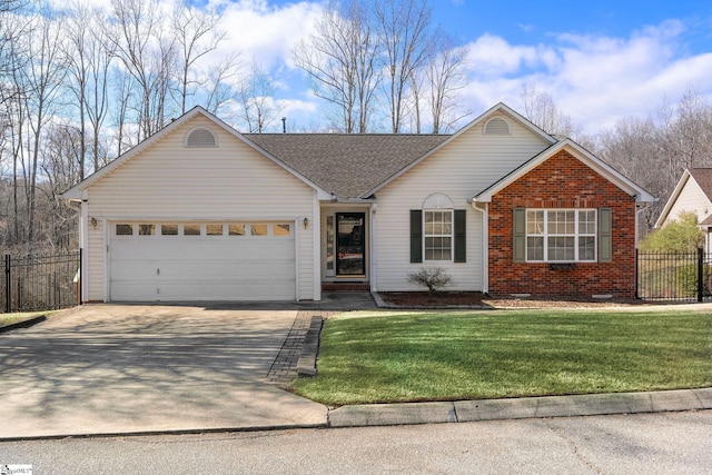 ranch-style house with a garage and a front yard