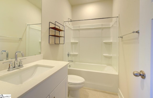 full bathroom featuring shower / tub combination, vanity, toilet, and tile patterned flooring