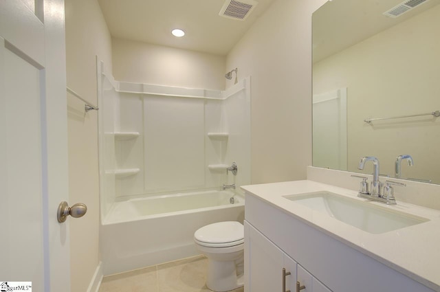 full bathroom featuring vanity, toilet,  shower combination, and tile patterned flooring