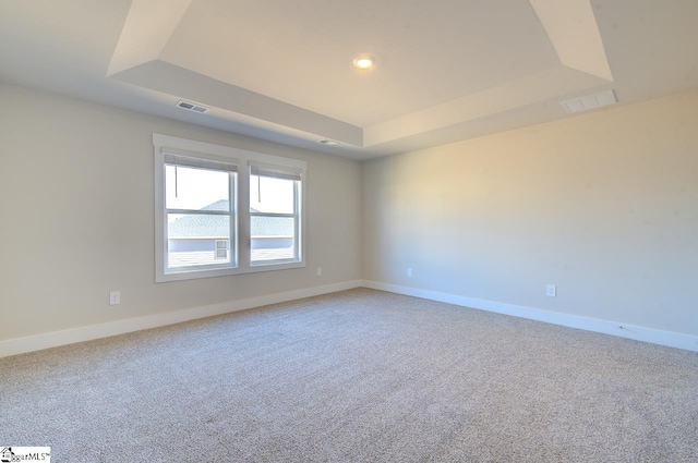 carpeted spare room with a raised ceiling