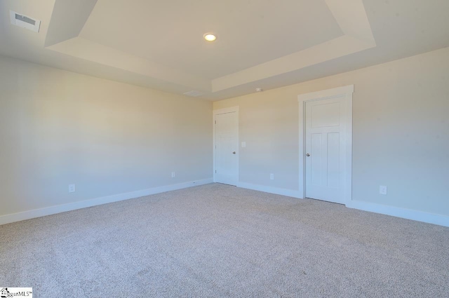 carpeted spare room featuring a raised ceiling