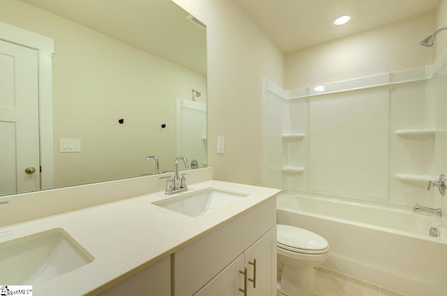 full bathroom with vanity, toilet, bathing tub / shower combination, and tile patterned flooring