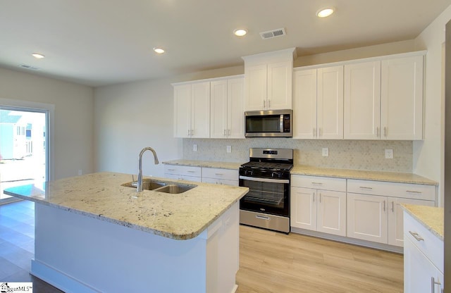 kitchen featuring a kitchen island with sink, sink, white cabinets, and appliances with stainless steel finishes