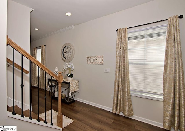 interior space featuring hardwood / wood-style flooring, ornamental molding, and a healthy amount of sunlight