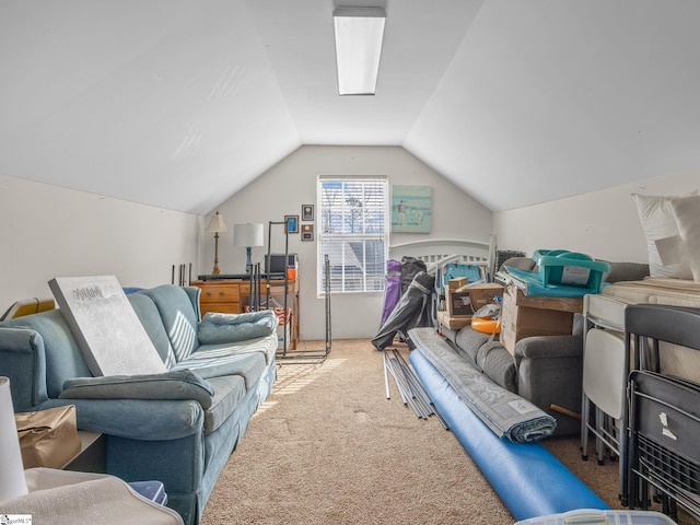 interior space featuring lofted ceiling and carpet flooring