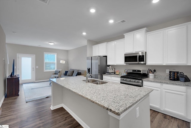 kitchen with stainless steel appliances, sink, and a center island with sink