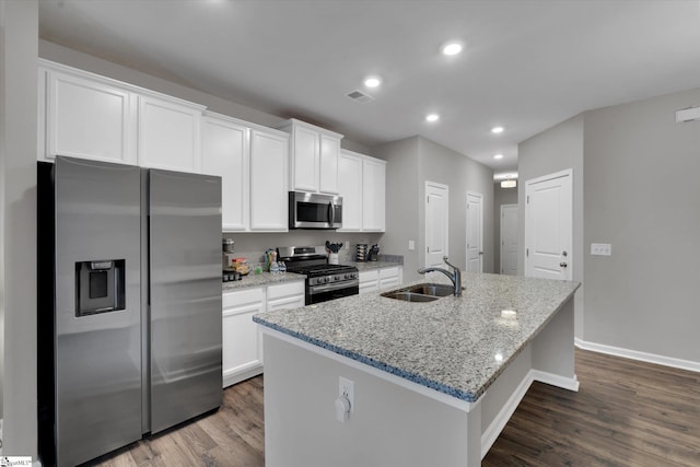 kitchen featuring sink, an island with sink, white cabinets, and appliances with stainless steel finishes