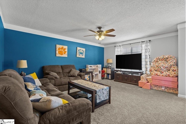 living room with carpet floors, a textured ceiling, and ceiling fan