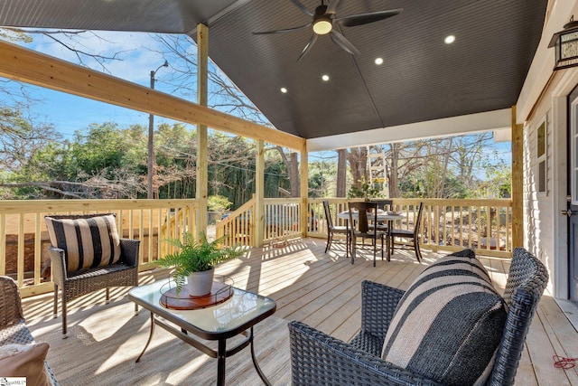 wooden terrace with ceiling fan