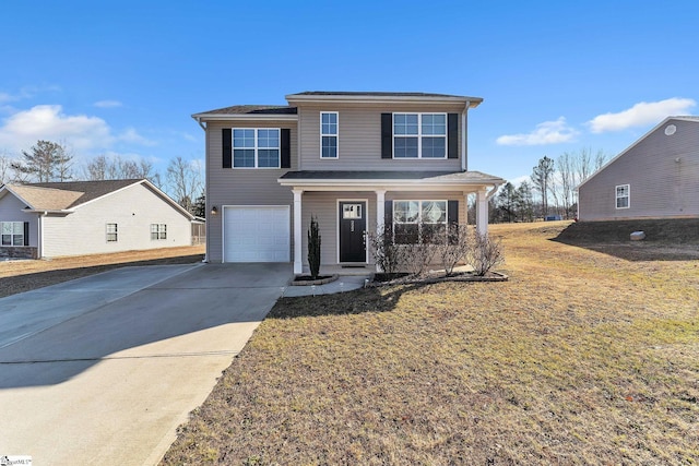 front facade with a garage, covered porch, and a front yard