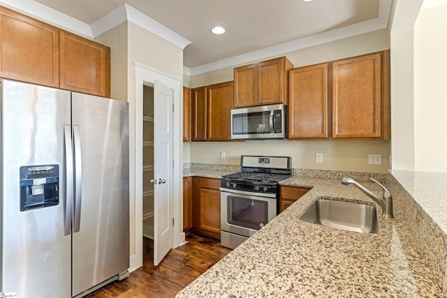 kitchen featuring stainless steel appliances, dark hardwood / wood-style flooring, sink, and light stone counters