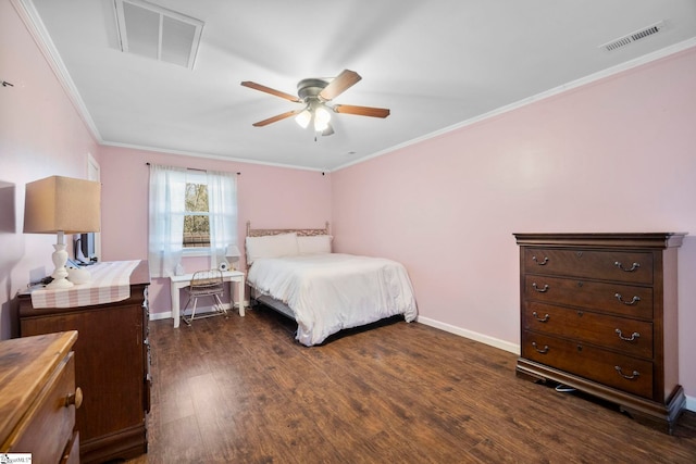 bedroom with crown molding, dark wood-type flooring, and ceiling fan