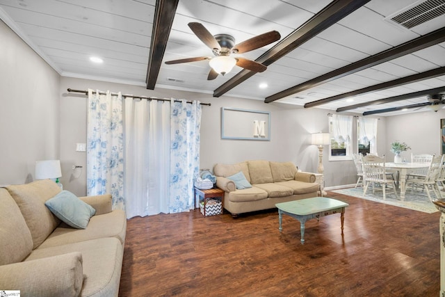 living room with beam ceiling, wood-type flooring, and ceiling fan