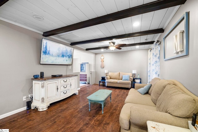living room with dark hardwood / wood-style floors, ceiling fan, and beam ceiling