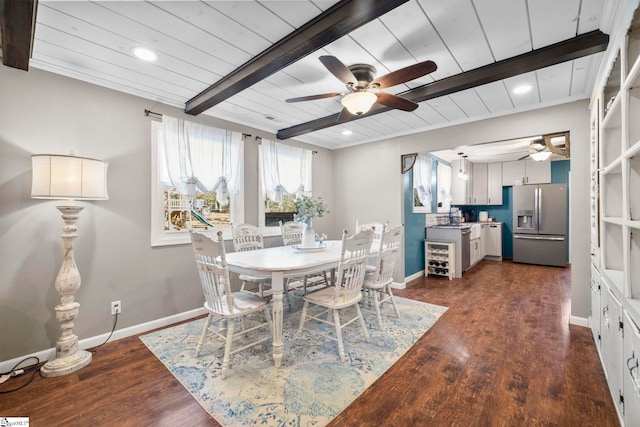 dining area featuring dark wood-type flooring, beam ceiling, and wooden ceiling