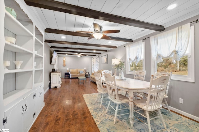 dining area featuring beamed ceiling, ceiling fan, and wooden ceiling