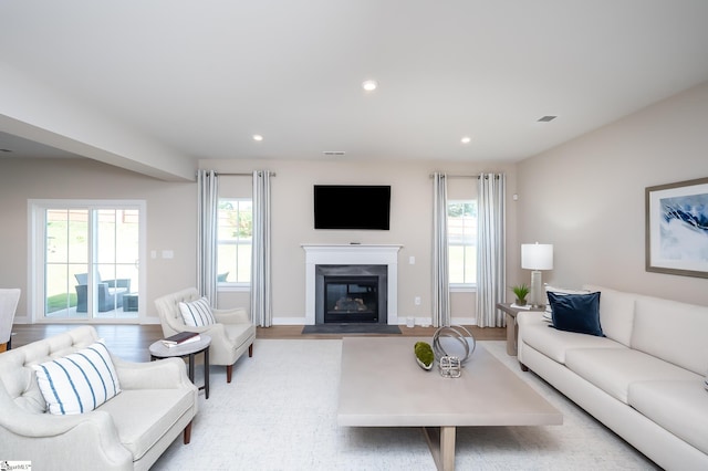 living room with plenty of natural light and light wood-type flooring