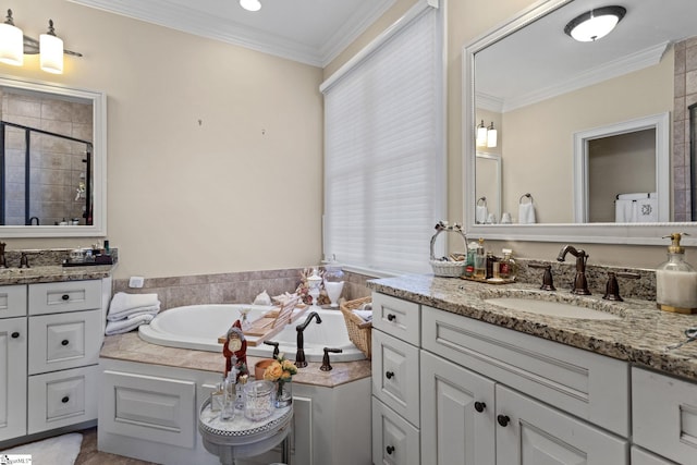 bathroom with independent shower and bath, crown molding, and vanity