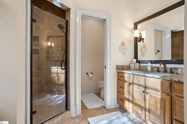 bathroom with walk in shower, vanity, toilet, and tile patterned flooring