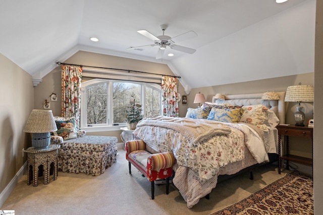 carpeted bedroom featuring ceiling fan and lofted ceiling