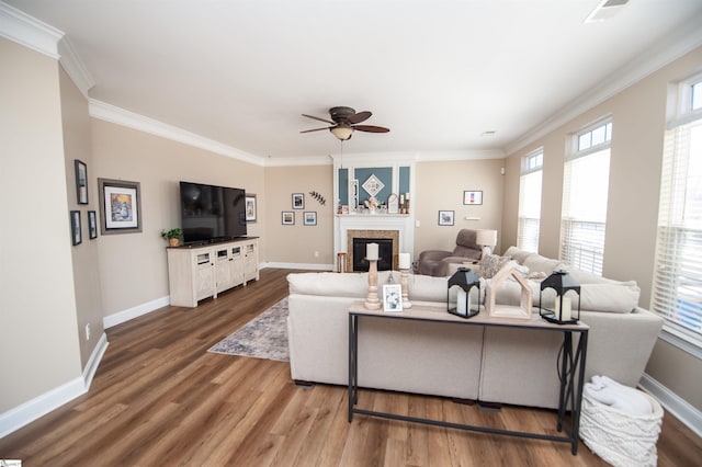 living room with wood-type flooring, ceiling fan, and crown molding