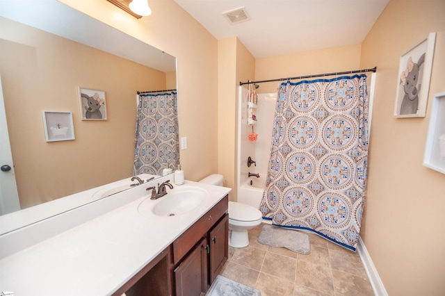 full bathroom featuring vanity, shower / bathtub combination with curtain, tile patterned floors, and toilet