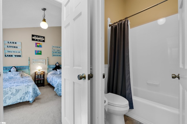 interior space featuring vaulted ceiling, toilet, and shower / bath combo