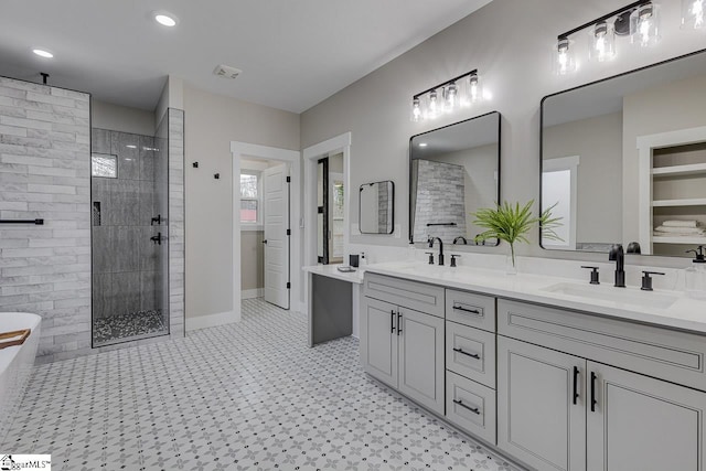 bathroom featuring vanity and plus walk in shower