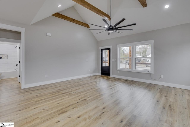 unfurnished living room featuring light hardwood / wood-style flooring, beamed ceiling, high vaulted ceiling, and ceiling fan