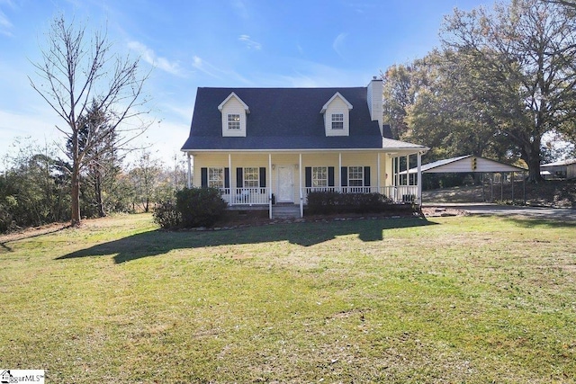 view of front of home with a carport, covered porch, and a front lawn