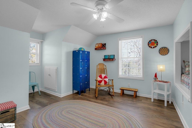 sitting room with ceiling fan, lofted ceiling, dark hardwood / wood-style flooring, and a textured ceiling