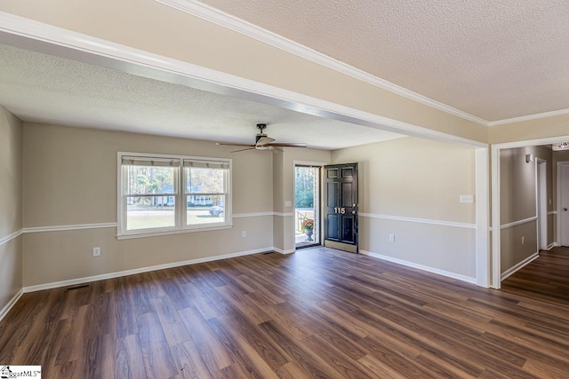 unfurnished room with dark hardwood / wood-style flooring, ceiling fan, crown molding, and a textured ceiling