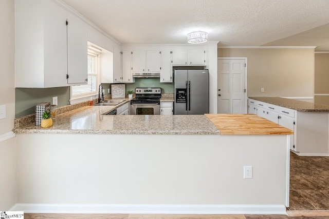 kitchen with white cabinetry, sink, kitchen peninsula, and appliances with stainless steel finishes