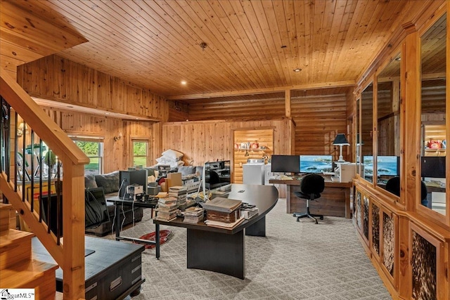 carpeted office with wooden ceiling