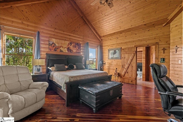 bedroom featuring multiple windows, dark wood-type flooring, high vaulted ceiling, and wooden ceiling